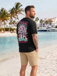 ResortEase Camiseta de talla grande para hombre con estampado de setas y letras, para verano - Negro - Ver 1