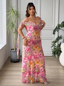 SHEIN EZwear 豹纹和花卉印花休闲长连衣裙，适合大码女性 - 彩色 - View 6