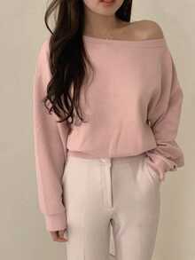 DAZY Ladies' Plain Asymmetrical Shoulder T-Shirt Long Sleeve Women Tops Off Shoulder Top - Pink - View 3