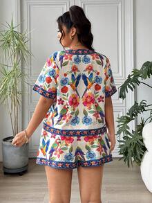 SHEIN EZwear 2件套加大码女式印花休闲衬衫短裤套装 - 彩色 - 查看 3