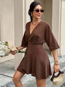Serisse Women's Solid V-Neck Casual Party Mini Dress - Brown - View 4