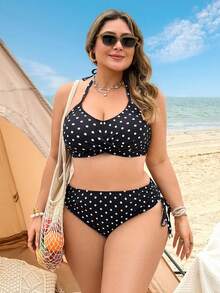 Swim Lushoire Traje de baño de lunares para mujer talla, parte superior de tankini de cintura alta que oculta el vientre, adecuado para figuras de 200 libras o talla, traje de - Negro - Ver 5