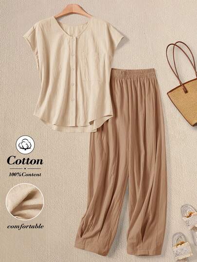 Rusticease 2pcs Vintage Casual Washed Cotton Women Top Pants Set Vacation Beige Summer Vacation Vacation