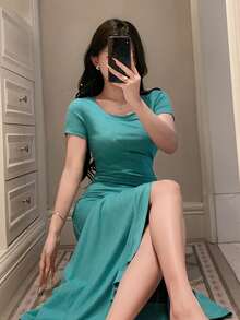 DAZY 女款純色圓領短袖百褶休閒洋裝 夏季睡裙 - 薄荷綠 - 查看 3