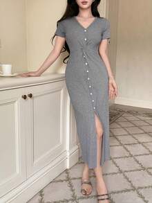 DAZY Women's Casual Front Twist Knot Front Button Short Sleeve Housedress - Grey - View 6