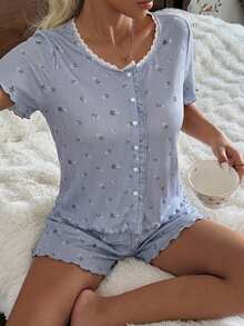 DAZY 2件組甜美碎花荷葉邊短袖短褲女款睡衣套裝，夏季 - 藍色 - 查看 5