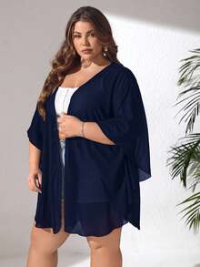 SHEIN CURVE+ 大码基础款纯色网眼拼接泳衣上装 - 藏蓝色 - 查看 4