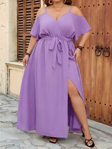 SHEIN CURVE+ Curve Size US22音樂節、海邊度假、波希米亞風格女款夏季休閒度假風素色露肩高衩開衩腰帶洋裝 - 淡紫色 - 查看 3