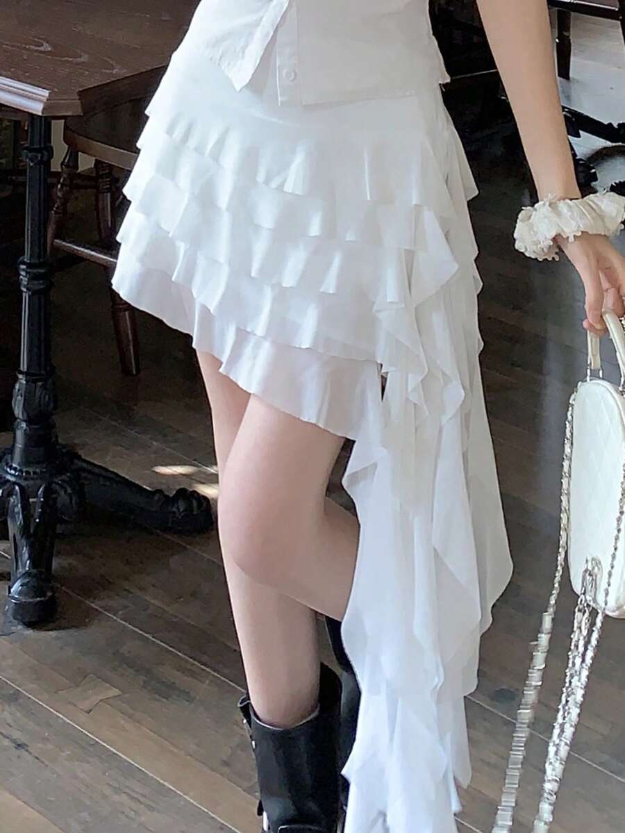DAZY Women's Solid Color Ruffle Hem Casual Versatile Date Night Mini Skirt Summer - White - View 1