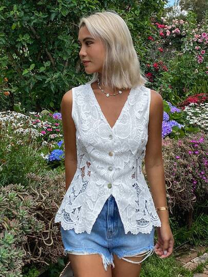 DAZY Women's Textured Jacquard Fitted V-Neck Elegant Summer Vacation Vest