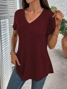 EMERY ROSE Plus Size Solid Short-Sleeved Casual V Neck T-Shirt For Summer - Burgundy - View 4
