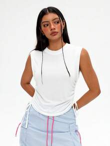 WanderVale Áo tank top không tay cổ tròn thiết kế xếp ly eo dành cho nữ - trắng - Xem 7