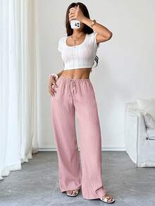 SHEIN Tall 女款長褲，紋理布料，腰部繫帶，適合高個女性 - 粉色 - 查看 6