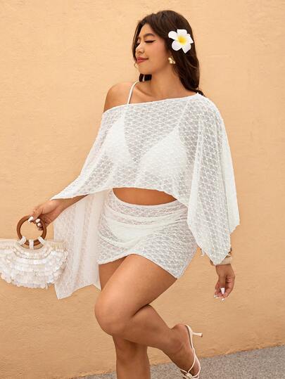 Elaquor Plus Size Women Holiday Asymmetric Shoulder Chiffon Cover Up And Skirt Set