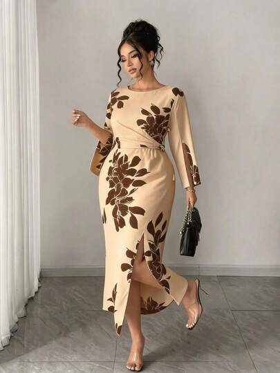 Elenzga Đầm maxi cỡ lớn dành cho nữ, thanh lịch, tối giản, thích hợp mặc đi làm hàng ngày, hẹn hò, dự tiệc, gợi cảm, xẻ tà ở cổ tay, ôm sát, màu mơ, họa tiết hoa đen.