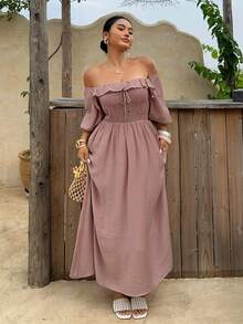 Dazy Plus Plus Size Women's Off Shoulder Ruffle Collar Puff Sleeve Tie Waist Solid Color Maxi Dress, Casual Vacation Wear For Spring/Summer Sundress Pink - Pink - View 2