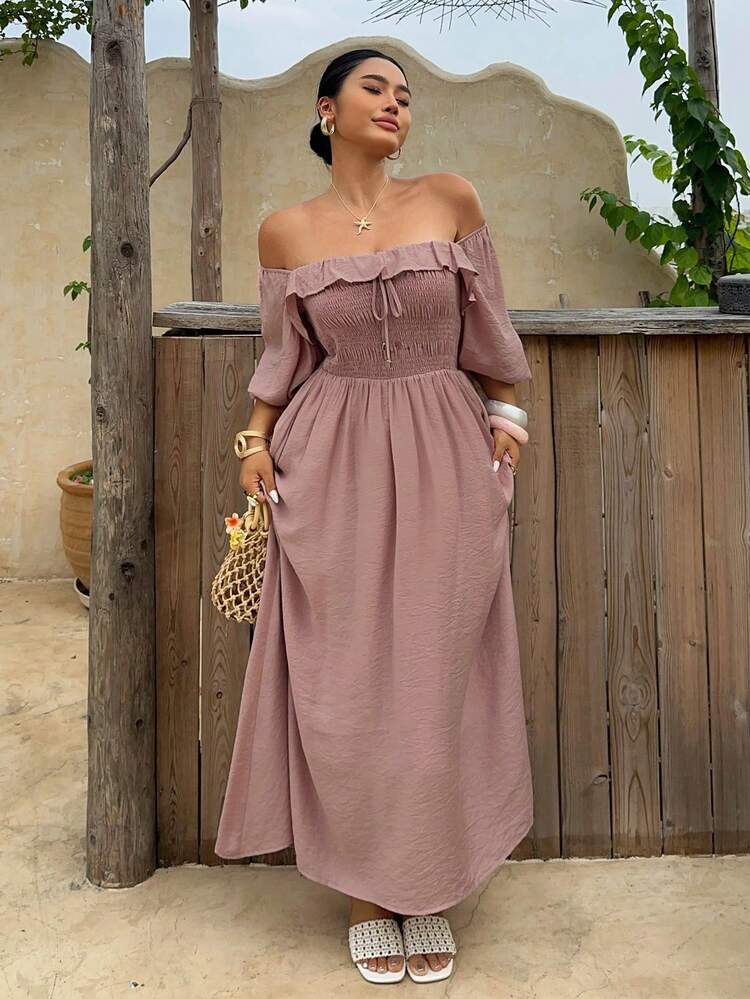 Dazy Plus Plus Size Women's Off Shoulder Ruffle Collar Puff Sleeve Tie Waist Solid Color Maxi Dress, Casual Vacation Wear For Spring/Summer