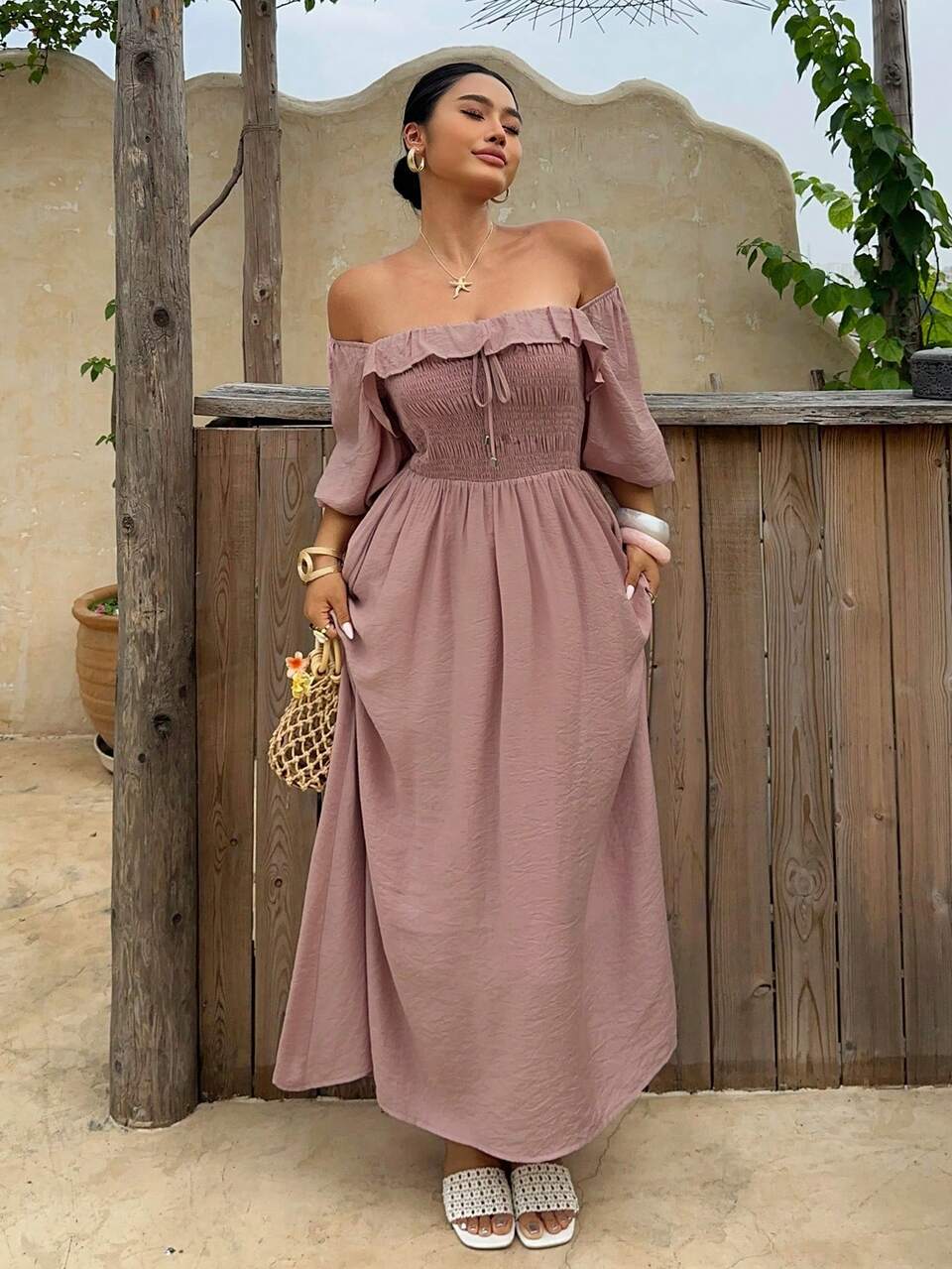 Dazy Plus Plus Size Women's Off Shoulder Ruffle Collar Puff Sleeve Tie Waist Solid Color Maxi Dress, Casual Vacation Wear For Spring/Summer Sundress