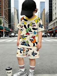 Set de 2 piezas de camiseta de manga corta con estampado de perro y pantalones cortos para niños pequeños, esquema de color retro y lindo, corte holgado, creando un atuendo de verano alegre y adorable - Multicolor - Ver 8