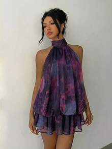 Aloruh Women's Elegant Rave Dark Purple Halter Neck Tie Mini Dress Day Party Holiday Summer, Graduation Clothing - Purple - View 6