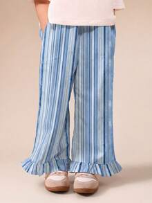 SUMWON Girls Oversized Seashell Graphic Co-Ord Set Crew Neck Tee And Striped Wide-Leg Ruffle Pants Summer Beach - Blue - View 4