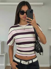 SHEIN Áo thun nữ tuổi teen màu trắng dệt kim, eo nhún, cổ tròn, tay ngắn, dáng croptop, kiểu dáng thường ngày. - Nhiều màu - Xem 8