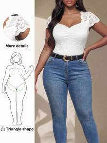 Truni Sometimesglam Elegant Plus Size Women Slim Fit White Lace Sweetheart Neck Blouse, Simple & Romantic, For Pear Triangle Body Shape, For Body Shape, For Summer - White - View 1