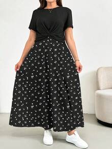 SHEIN Essnce Bộ đồ hai mảnh mùa hè cỡ lớn dành cho nữ, bộ tay ngắn, bộ hai mảnh in họa tiết với chân váy lửng, bộ đồ thường ngày thoải mái cho nữ cỡ lớn, quần áo in họa tiết dành cho nữ, trang phục mùa hè cho nữ, bộ đồ mặc nhà cho nữ, bộ đồ hai mảnh đi nghỉ mát, bộ đồ hè 2 mảnh, bộ đồ mùa hè cho nữ - màu đen - Xem 4