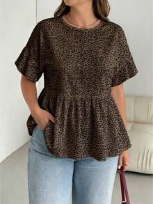 SHEIN Essnce 大码女式圆领荷叶边短袖衬衫，夏季 - 白色 - 查看 5