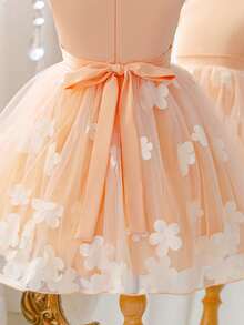 SHEIN Glamorique Kids 女童公主裙，花童礼服，生日派对，婚礼，节日，缎面面料，无袖，多层网纱裙摆，后背蝴蝶结系带 - 橘色 - 查看 5