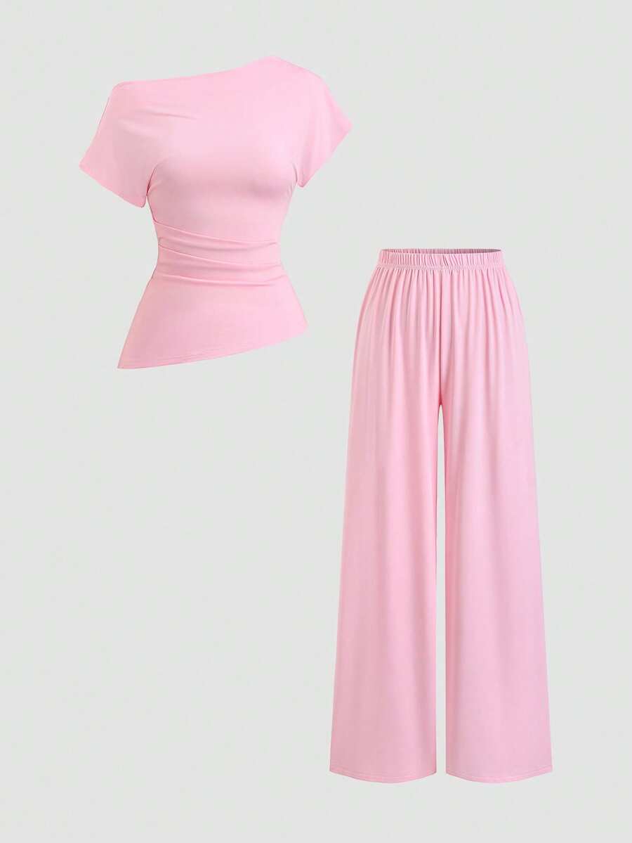 Sweetra Women's New Fashion Versatile Solid Color Oblique Shoulder Cinched Waist Top + Long Pants 2 Pieces Set - Pink - View 1