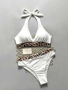 Swim Basics 2025 Women's Swimwear Set, Random Prints, Purchased Copyright Leopard BikiniTwo Pieces Bikinihigh Waisted Bikini Set For Summer Beach Vacation - White - View 3