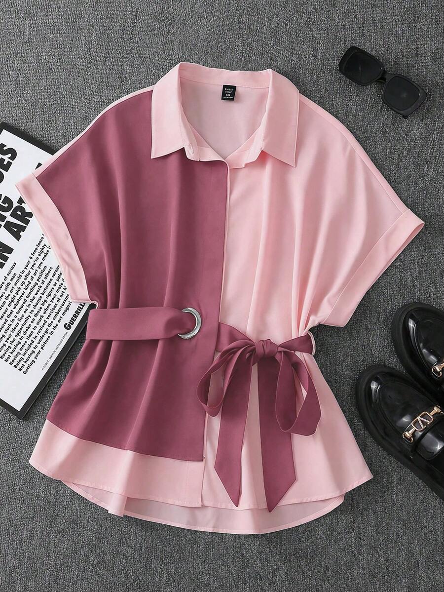 Franclia Color Block Black & White Patchwork Bow Tie Waist Design French Commuter Chic Plus Size Blouse - Rose Red - View 1