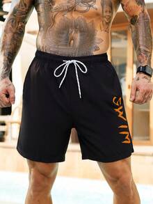 Palasendo Shorts de Praia Masculina com Estampa de Letra, Cintura com Cordão e Dupla Camada - Multicolorido - Visão 4