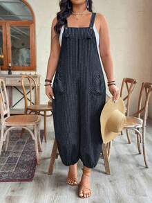 EMERY ROSE Plus Size Women's Elegant Striped Pocket Jumpsuit, Casual Commuter Style, Spring/Summer - Navy Blue - View 4