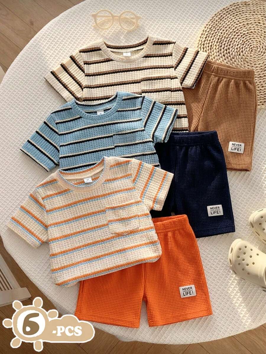SHEIN 6pcs/Set Young Boy Summer Waffle Stripe Short Sleeve T-Shirt And Shorts 2 Pieces Set - Multicolor - View 1
