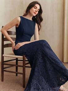 Anewsta 夏季时尚优雅蕾丝拼接美人鱼连衣裙 - 藏蓝色 - 查看 3