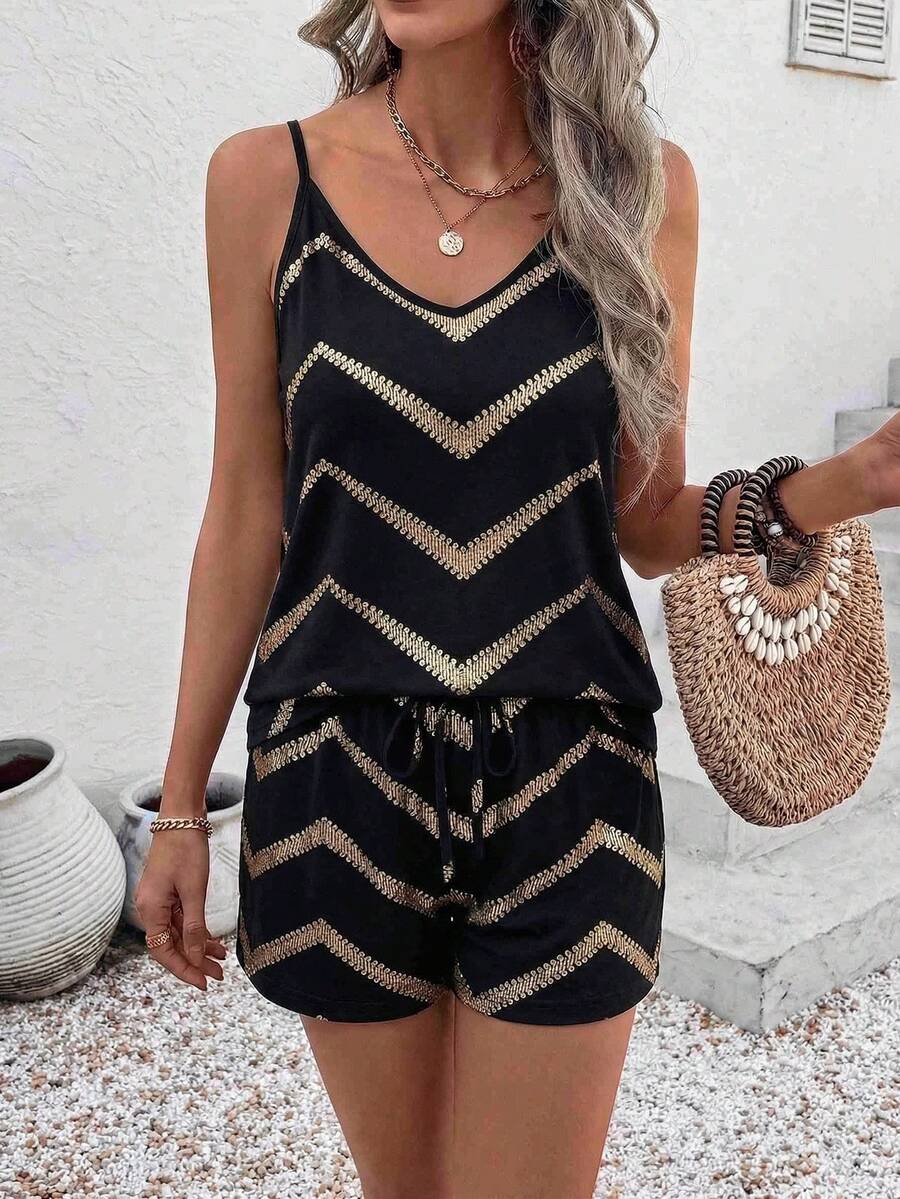 EMERY ROSE Fashionable Casual Basic Vintage Black & Gold Glass Print V-Neck Camisole + Shorts 2-Piece Set - Multicolor - View 1