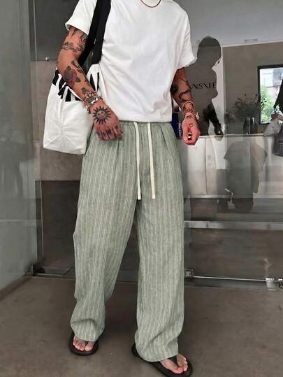 STEELVANCE Men's Casual Vacation & Commute Striped Print Drawstring Waist Loose Wide Leg Pants