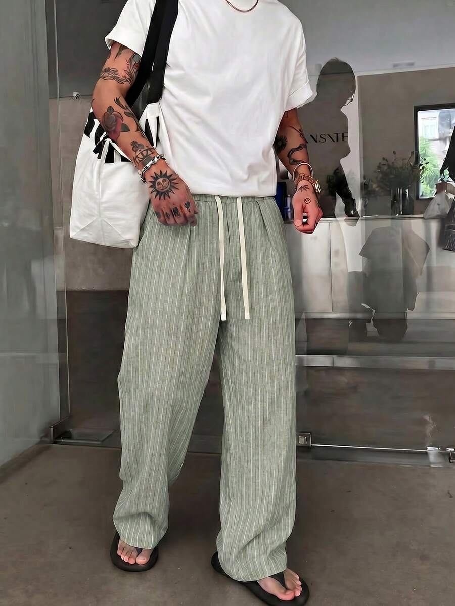 STEELVANCE 男士休闲度假通勤条纹印花抽绳腰宽松阔腿裤 - 綠色 - 查看 1
