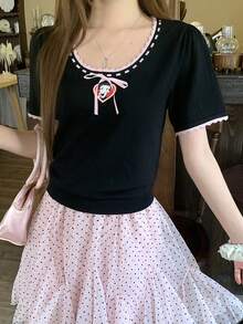 DAZY Women's Patchwork Cartoon Butterfly Print Bow Decor Fitted Casual Daily T-Shirt - Black - View 4