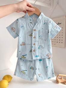 SHEIN Vintaside Kids 2件套幼儿植物图案短袖上衣和松紧腰短裤套装，儿童服装，婴儿套装，婴儿上衣，婴儿短裤，6个月-3岁 - 藍色 - 查看 1