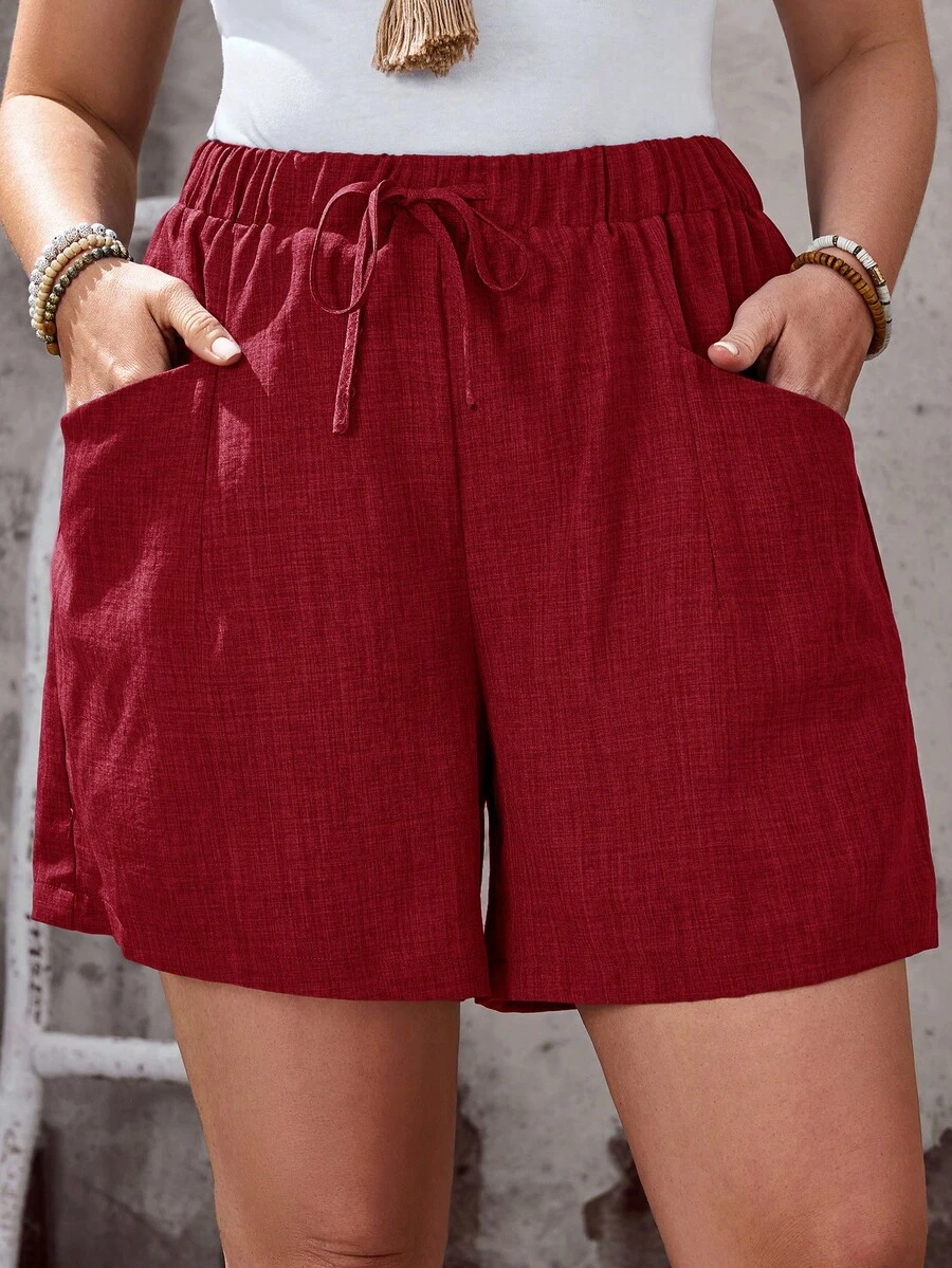 EMERY ROSE Plus Size Women's Solid Color Pocket Red Shorts, Summer Vacation - Red - View 1