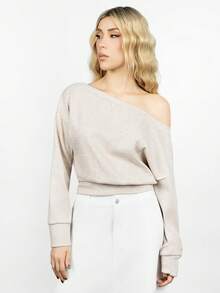 PRISCILA ESCOTO PRISCILA ESCOTO Apricot Knit Asymmetric Shoulder Long Sleeve Top For Women, Autumn/Winter - Apricot - View 5