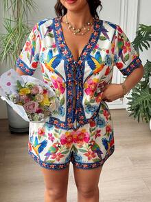 SHEIN EZwear 2件套加大码女式印花休闲衬衫短裤套装 - 彩色 - 查看 6