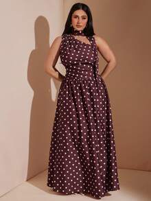 SHEIN BAE CURVE Plus Size Women's Burgundy Scarf Hem Maxi Dress Chic 70's Casual Polka Dot Midi Dress Tie Neck Sleeveless A Line High Waist Elegant Summer Party - Multicolor - View 4