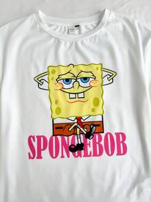 SpongeBob SquarePants | SHEIN Women's Cute Cartoon Letter Print Short Sleeve T-Shirt And Shorts Pajama Set, Summer - Hot Pink - View 4