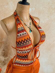 Soleia Neue Urlaubs-Strickjumpsuit mit strukturierter Ausschnitt-Zugkordel, bohemian, boho, romantisch floral, geeignet für Party, Date, Valentinstag, Ostern, Karneval, Nachmittagstee, Strand, Kreuzfahrt, Stadturlaub - Orange - Übersicht 3