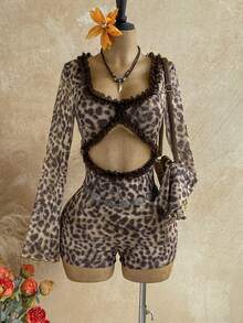 Soleia Mono largo de manga larga con escote en V profundo y estampado de leopardo vintage para vacaciones de mujer - Café integral - Ver 6