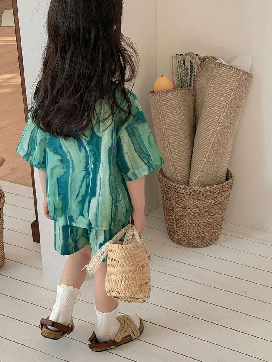 DAZY 婴幼儿女童渐变色度假风春夏韩版长袖衬衫套装 - 綠色 - 查看 1